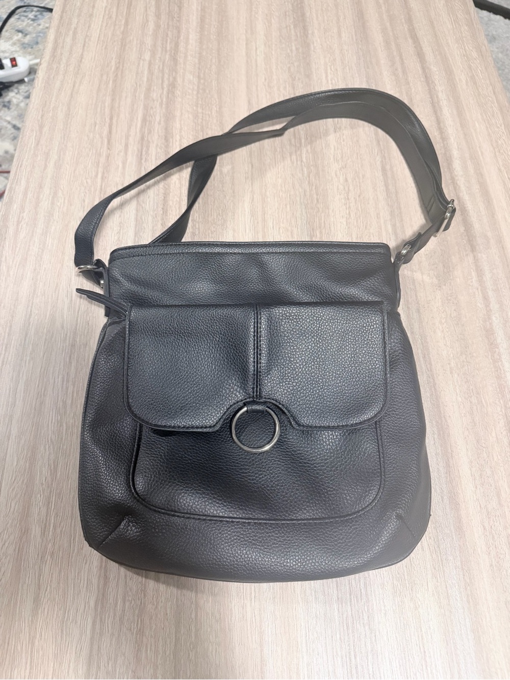 Rosetti Black Pebble Leather Crossbody with Ring Detail